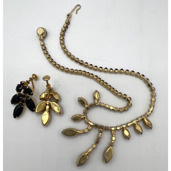 Vtg 50s Black Rhinestone Bib Necklace Set Gold Tone Screwback Earrings Waterfall - Picture 6 of 9